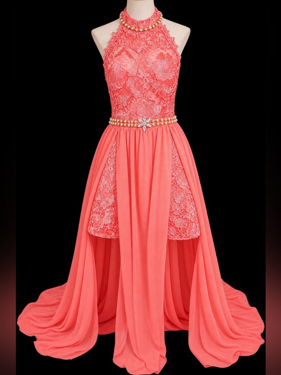Dresses & Skirts - Coral Lace Mini Prom Dress Size 16 Chiffon Overskirt Train NWOT